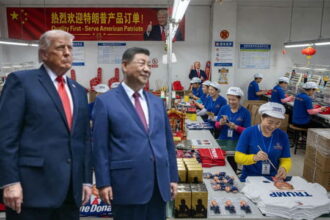 Donald Trump and Xi Jinping touring a factory with Chinese workers in China.
