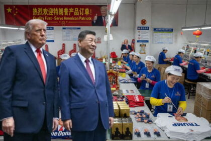 Donald Trump and Xi Jinping touring a factory with Chinese workers in China.