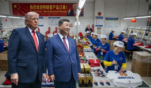 Donald Trump and Xi Jinping touring a factory with Chinese workers in China.