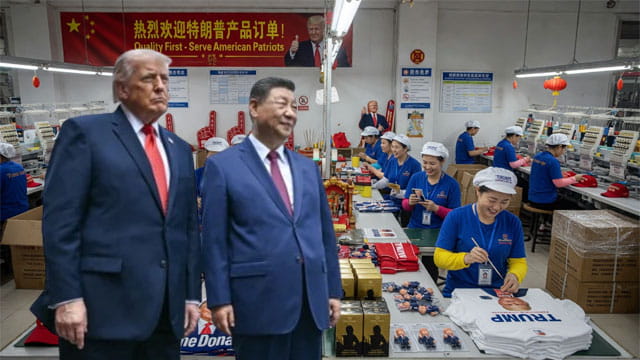 Donald Trump and Xi Jinping touring a factory with Chinese workers in China.