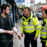 UK police officers talking to a British man who was stabbed on a street.