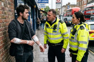 UK police officers talking to a British man who was stabbed on a street.