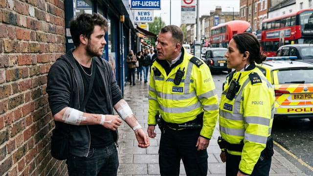 UK police officers talking to a British man who was stabbed on a street.