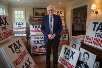 Bernie Sanders standing in a home next to Tax the Trillionaire signs with Elon Musk's face on them.