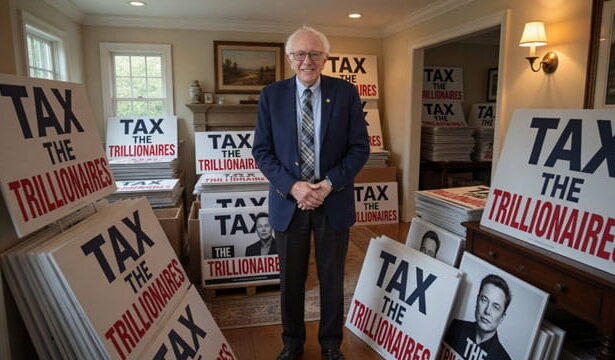 Bernie Sanders standing in a home next to Tax the Trillionaire signs with Elon Musk's face on them.