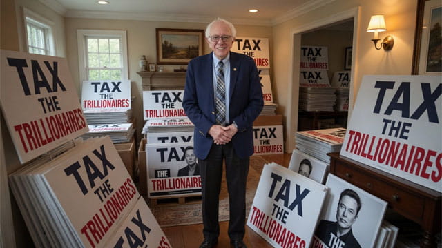 Bernie Sanders standing in a home next to Tax the Trillionaire signs with Elon Musk's face on them.