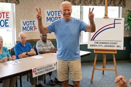 Joe Biden wearing shirt and shorts inside a senior home celebrating with other old people.