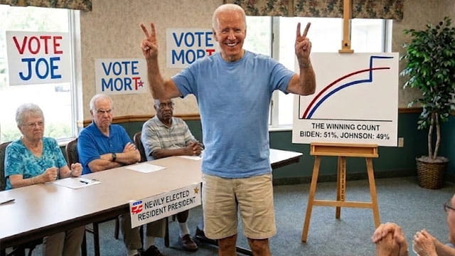 Joe Biden wearing shirt and shorts inside a senior home celebrating with other old people.
