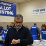 California poll workers counting ballots for an election inside of a ballot counting center.