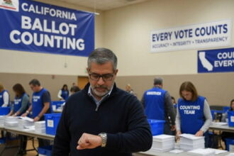 California poll workers counting ballots for an election inside of a ballot counting center.