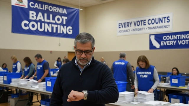 California poll workers counting ballots for an election inside of a ballot counting center.