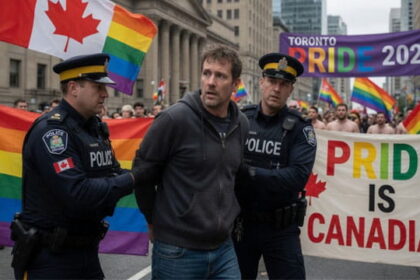 Canadian man being arrested by police at a Toronto, Canada Pride parade.