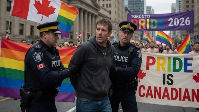 Canadian man being arrested by police at a Toronto, Canada Pride parade.