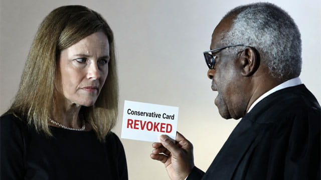 Clarence Thomas and Amy Coney Barrett dressed in black robes speaking.
