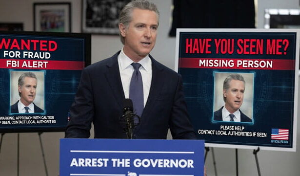 Gavin Newsom standing in front of a podium speaking on California fraud.