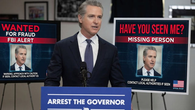 Gavin Newsom standing in front of a podium speaking on California fraud.