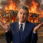 Gavin Newsom shrugging his shoulders standing in front of a warehouse fire in California.