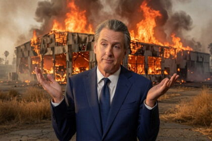 Gavin Newsom shrugging his shoulders standing in front of a warehouse fire in California.