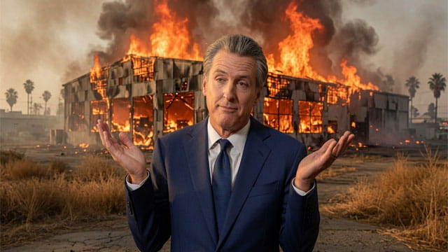 Gavin Newsom shrugging his shoulders standing in front of a warehouse fire in California.
