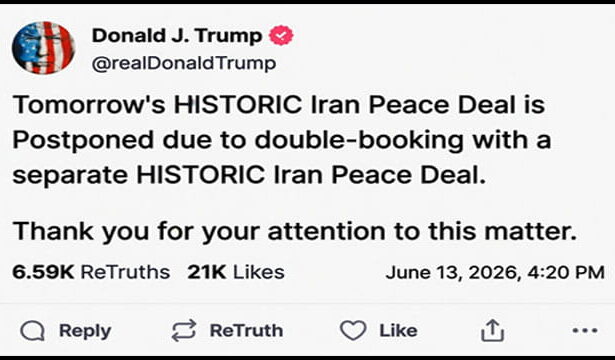 Parody Donald Trump Truth Social post on Iran Peace deal.