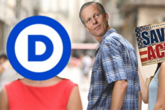 John Thune in the distracted boyfriend meme ignoring the SAVE Act.