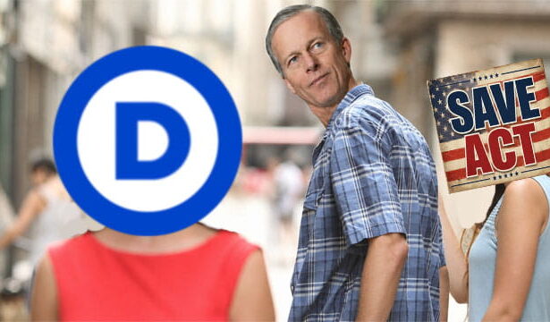 John Thune in the distracted boyfriend meme ignoring the SAVE Act.