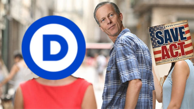 John Thune in the distracted boyfriend meme ignoring the SAVE Act.