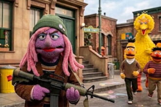 Sesame Street trans Muppet holding a gun on a Pride Month episode.