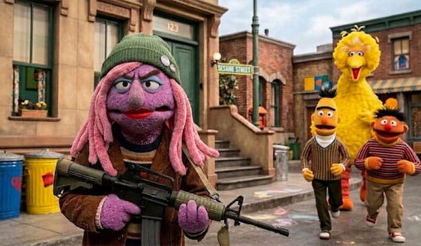 Sesame Street trans Muppet holding a gun on a Pride Month episode.
