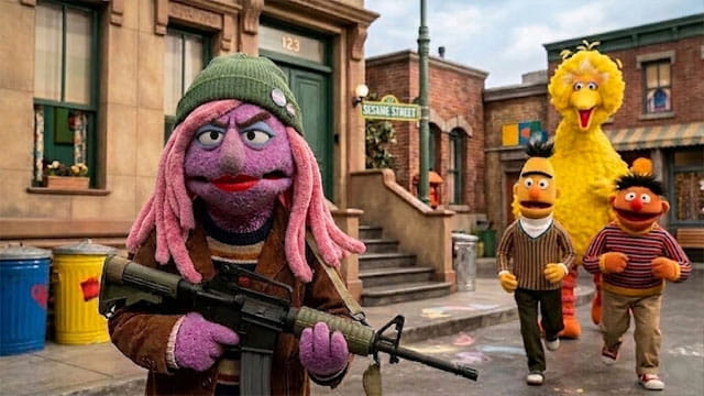 Sesame Street trans Muppet holding a gun on a Pride Month episode.