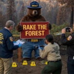 Smokey Bear standing in a California forest.