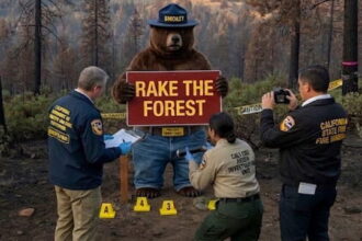 Smokey Bear standing in a California forest.