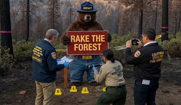 Smokey Bear standing in a California forest.