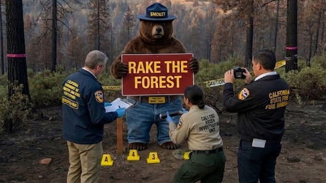 Smokey Bear standing in a California forest.