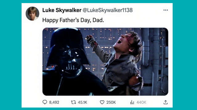 Star Wars Luke Skywalker and Darth Vader parody X post about Father's Day.