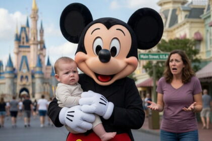 Disney Mickey Mouse holding baby at Disney World after Supreme Court decision.