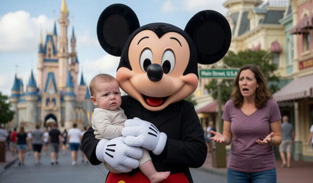 Disney Mickey Mouse holding baby at Disney World after Supreme Court decision.