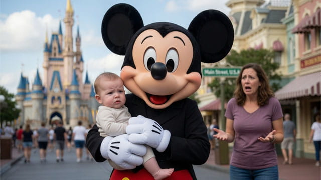 Disney Mickey Mouse holding baby at Disney World after Supreme Court decision.