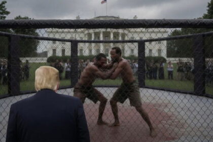 Donald Trump watching a cage match between a Haitian and a Somali.