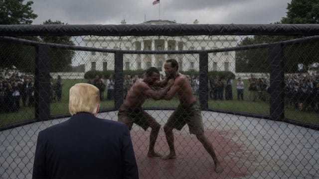 Donald Trump watching a cage match between a Haitian and a Somali.