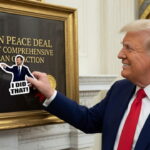 Donald Trump placing a JD Vance I Did That sticker on Iran Peace Deal.