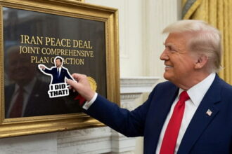 Donald Trump placing a JD Vance I Did That sticker on Iran Peace Deal.