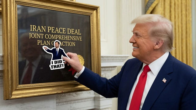 Donald Trump placing a JD Vance I Did That sticker on Iran Peace Deal.