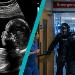 UK Met police in riot gear storming into a hospital with an insert of a fetus ultrasound.