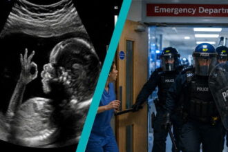 UK Met police in riot gear storming into a hospital with an insert of a fetus ultrasound.