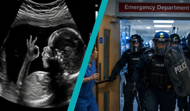 UK Met police in riot gear storming into a hospital with an insert of a fetus ultrasound.