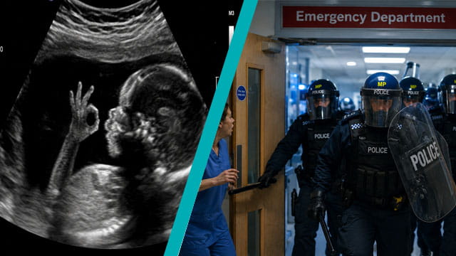 UK Met police in riot gear storming into a hospital with an insert of a fetus ultrasound.