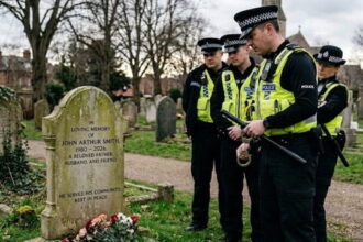 UK police officers standing in front of a tombstone of a deceased white British man inside of a graveyard.