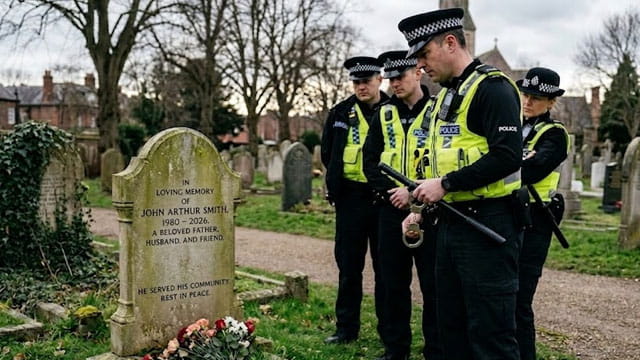 UK police officers standing in front of a tombstone of a deceased white British man inside of a graveyard.