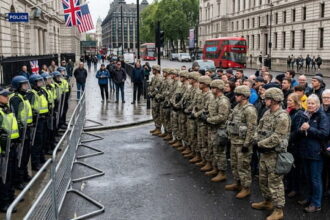 US military troops guarding British citizens in the UK street against Met police.